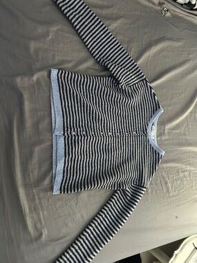 Striped Crewneck Button-Front Sweater - Light Blue & Black